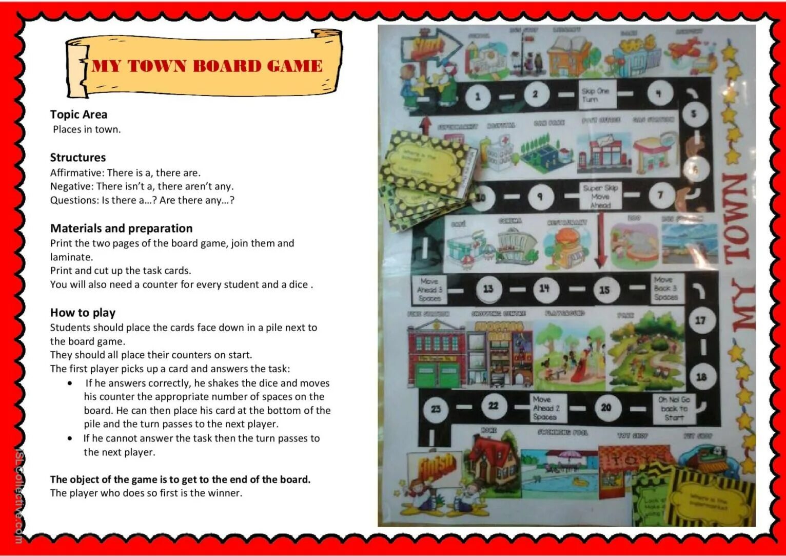 Town Board game. City places Board game. Places in the City Board game. Places in Town boardgame.