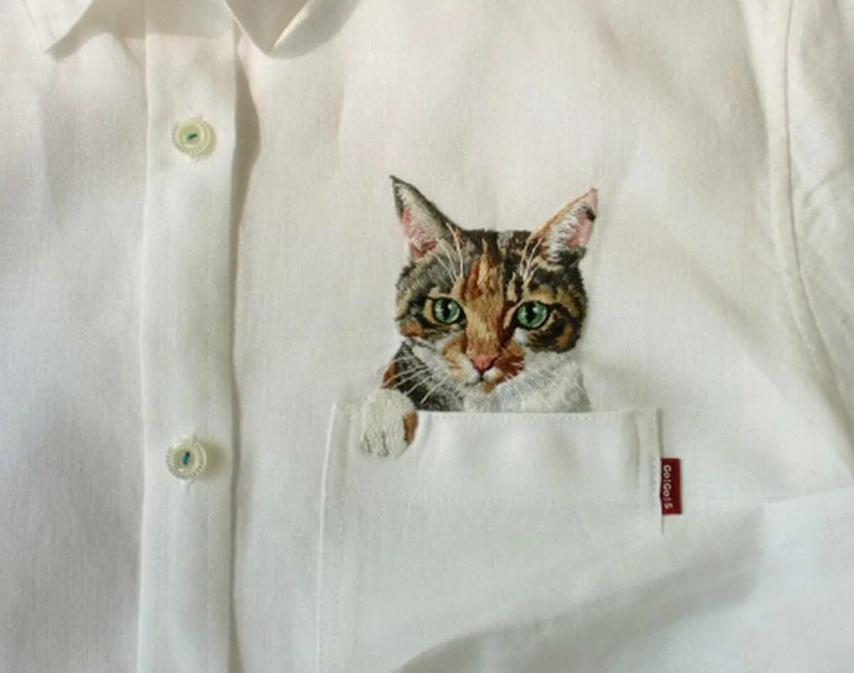 Котик в рубашке. Котик в рубашке. Вышивка хироко кубота. Вышивка на кармане рубашки. Котик в рубашке.