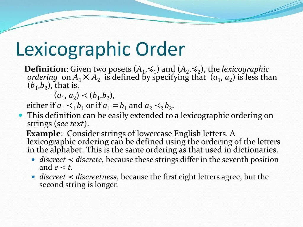 Order definition. Lexicographic. Lexicographic order of Strings. Lexicographic sum. Lexicographic terminology.