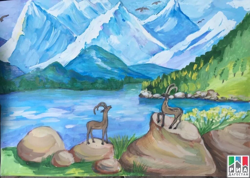 Пейзажи для рисования. Рисунок на тему горы. Дагестан рисунок. Горный пейзаж для детей.