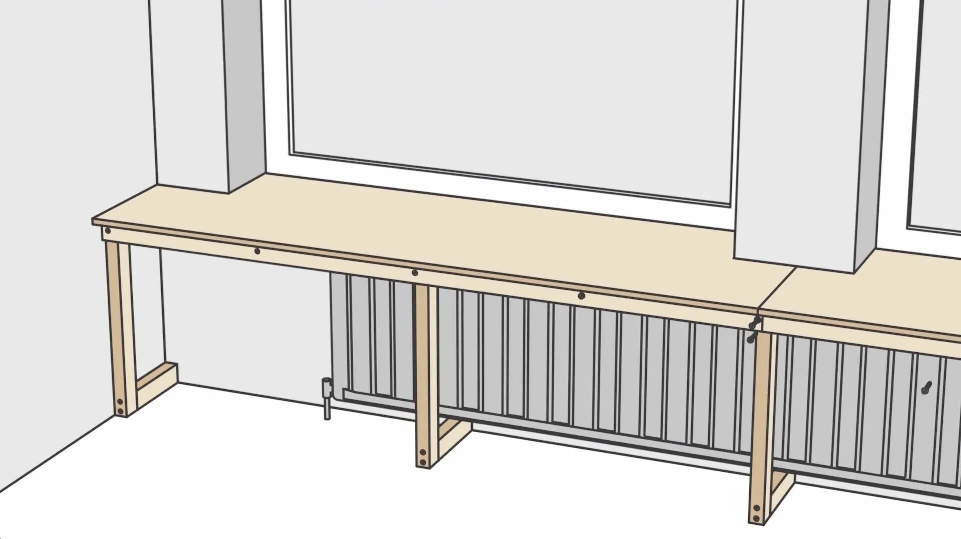 Подпереть стол. Экран под подоконник для батареи. Подоконник с экраном для батареи. Подоконник и экран для радиатора отопления. Подоконники с экраном радиатора.