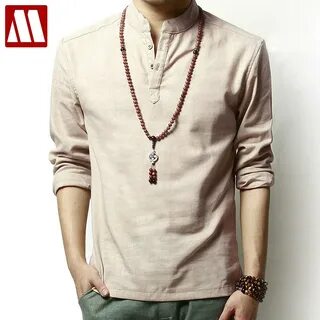 Summer Ventilated Linen Casual Men Shirt Long Sleeve Solid O Neck Collar Lo...