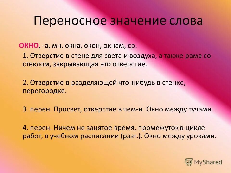 Переносное значение. Значение слова окно. Переносное значение слова это. Толкование слова окно. Значение слова форточка