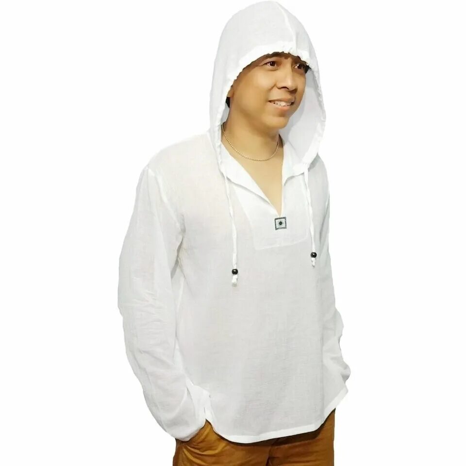 Рубашка с капюшоном и длинным рукавом из Тайланда (Shirt with Hood 100% Cotton). Белая рубашка с капюшоном. Льняная рубаха с капюшоном. Тайские белые рубашки с капюшоном.