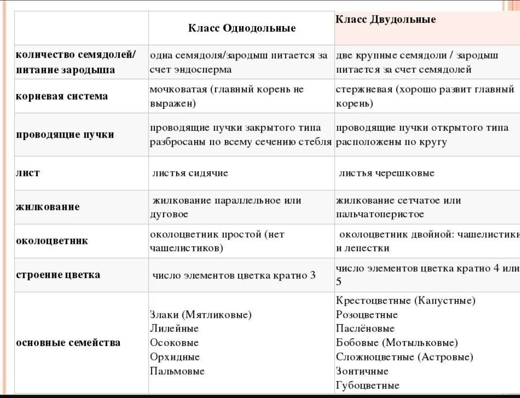 Главное различие двудольных и однодольных. Сравнительная таблица однодольных и двудольных. Таблица семейства однодольных и двудольных. Семейства однодольных и двудольных растений таблица. Отличия однодольных и двудольных растений таблица.