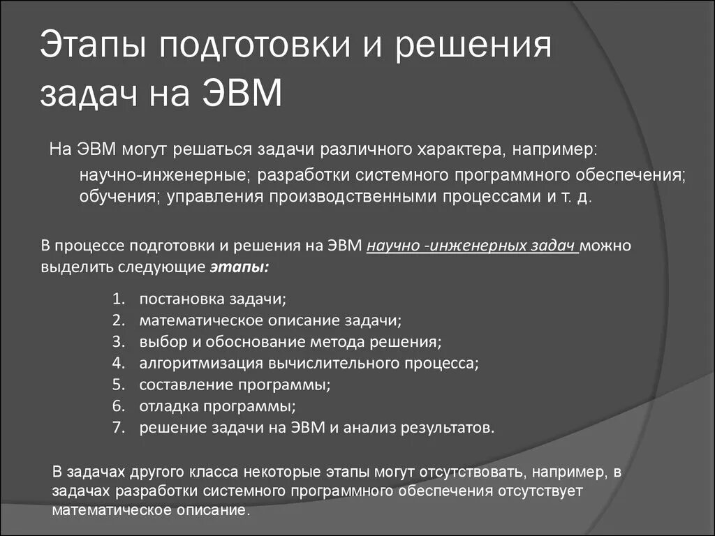 Подготовкой к следующему этапу. Порядок этапов подготовки задач к решению на ЭВМ. Этапы решения задач на ЭВМ. Схема процесса решения задачи на ЭВМ. Перечислите этапы решения задач на ЭВМ.