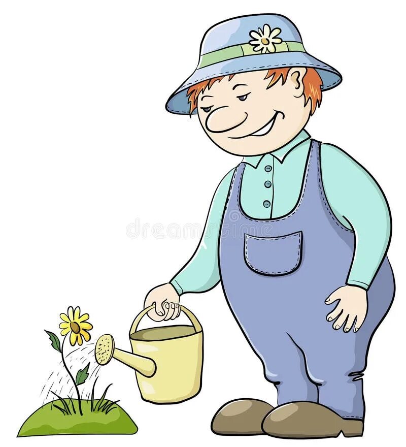 Мужчина с лейкой вектор. Child water the plant white bg. Садовник иллюстрация. Садовник мультяшный. Садовник поливает из шланга.