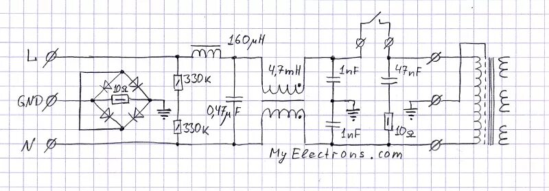 схема сетевого фильтра 220в