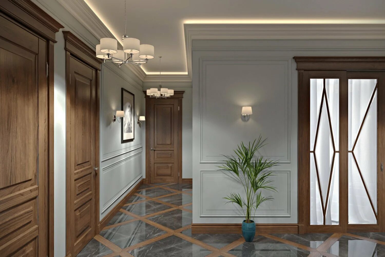 Двери в потолок в квартире. Прихожая и Холл в стиле Неоклассика. Коридор Neoclassic Design. Потолочный плинтус Неоклассика. Интерьер холла в стиле Неоклассика.