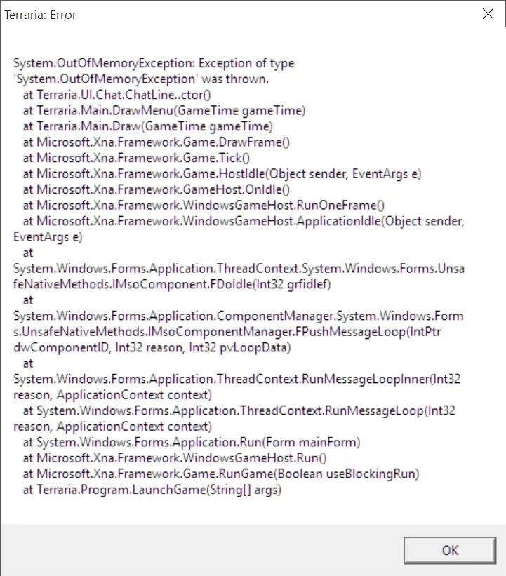 Terraria error. Ошибка террария. System.OUTOFMEMORYEXCEPTION Terraria. Террария ошибка Microsoft XNA. Ошибка в террарии System.