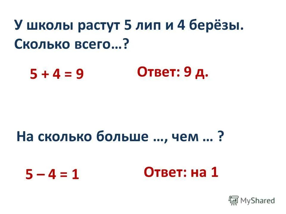 Вычесть из 8 и 9. У школы растут 5 лип и 4 березы. У школы растут 5 лип. На сколько больше лип чем берез. У школы растут 5 лип и 4 березы сколько всего на сколько больше чем.