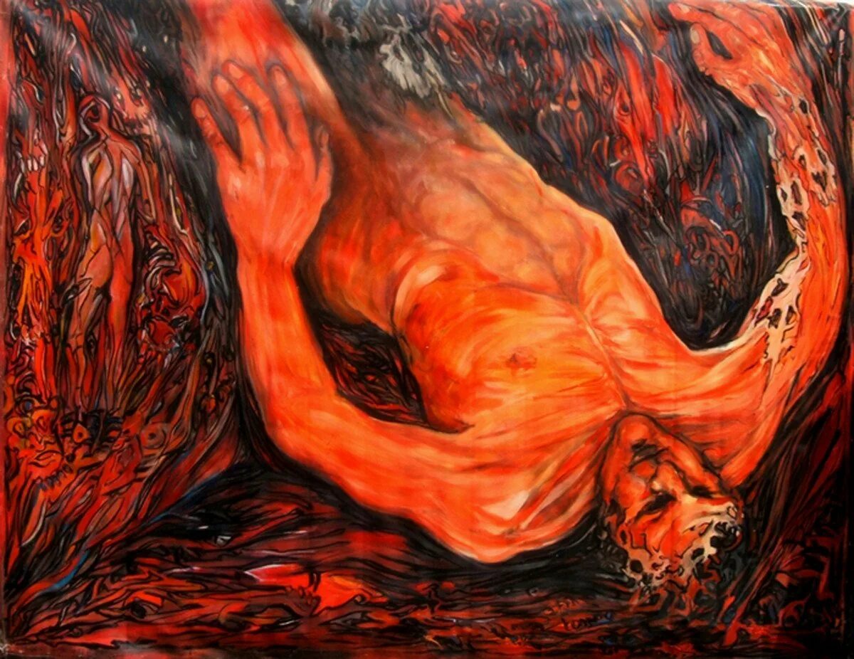 В аду будет мужчины. Дьявол оранжевых вод Грин. Ад в живописи. Современная живопись экспрессионизм.