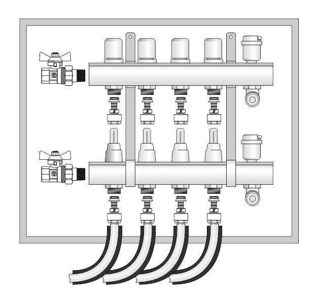 Схема подключения гребенки теплого пола. Коллектор отопления распределительный 1 1/2". Распределительный коллектор схема подключения. Коллекторная группа для радиаторов отопления схема подключения. Коллектор описание