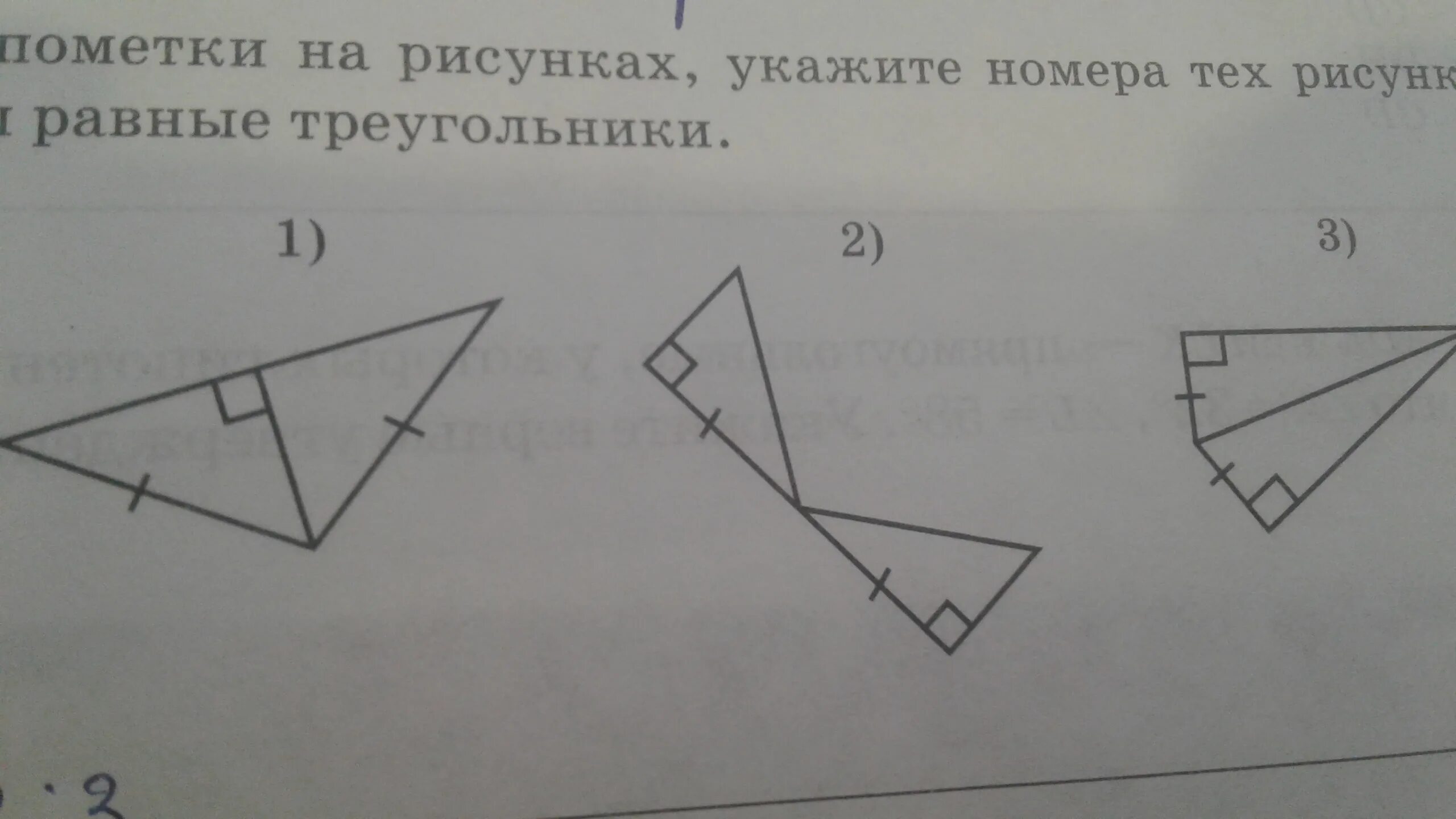 На рисунке номер 1. Пометки на рисунке. Укажите рисунок, на котором изображены равные треугольники.. Укажите номер рисунка, на которых треугольники равны. Укажите равные треугольники.