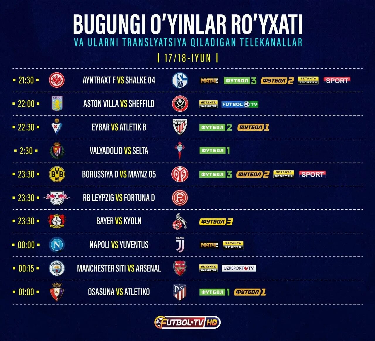 Бугунги футбол ўйинлари жадвали. Бугунги уйинлар. Futbol bugungi o'yinlar ro'yxati. Uzreport tv программа на сегодня. Futbol tv bugungi dasturlari.