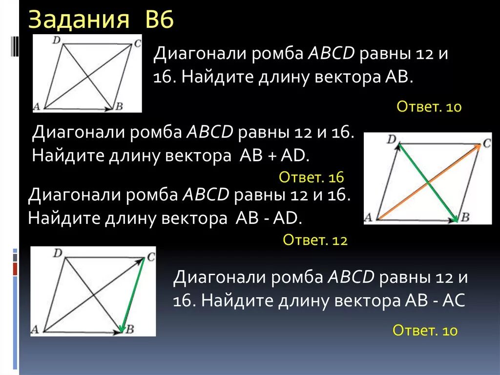 Диагонали ромба ABCD. Диагонали задания. Диагонали ромба ABCD равны 12 и 16 Найдите длину вектора АВ+ad.. Ромб вектор.