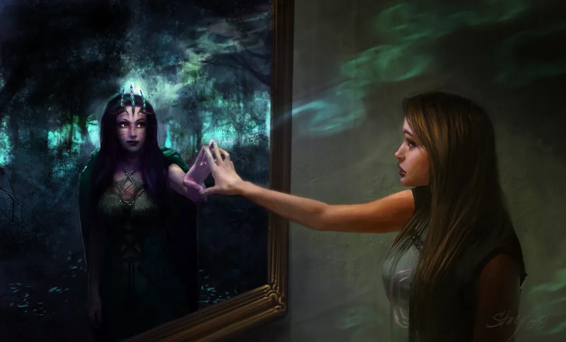 Мой темный бывший счастная. Отражение в зеркале фэнтези. Мистическая женщина. Отражение ведьмы в зеркале. Девушка отражение фэнтези.