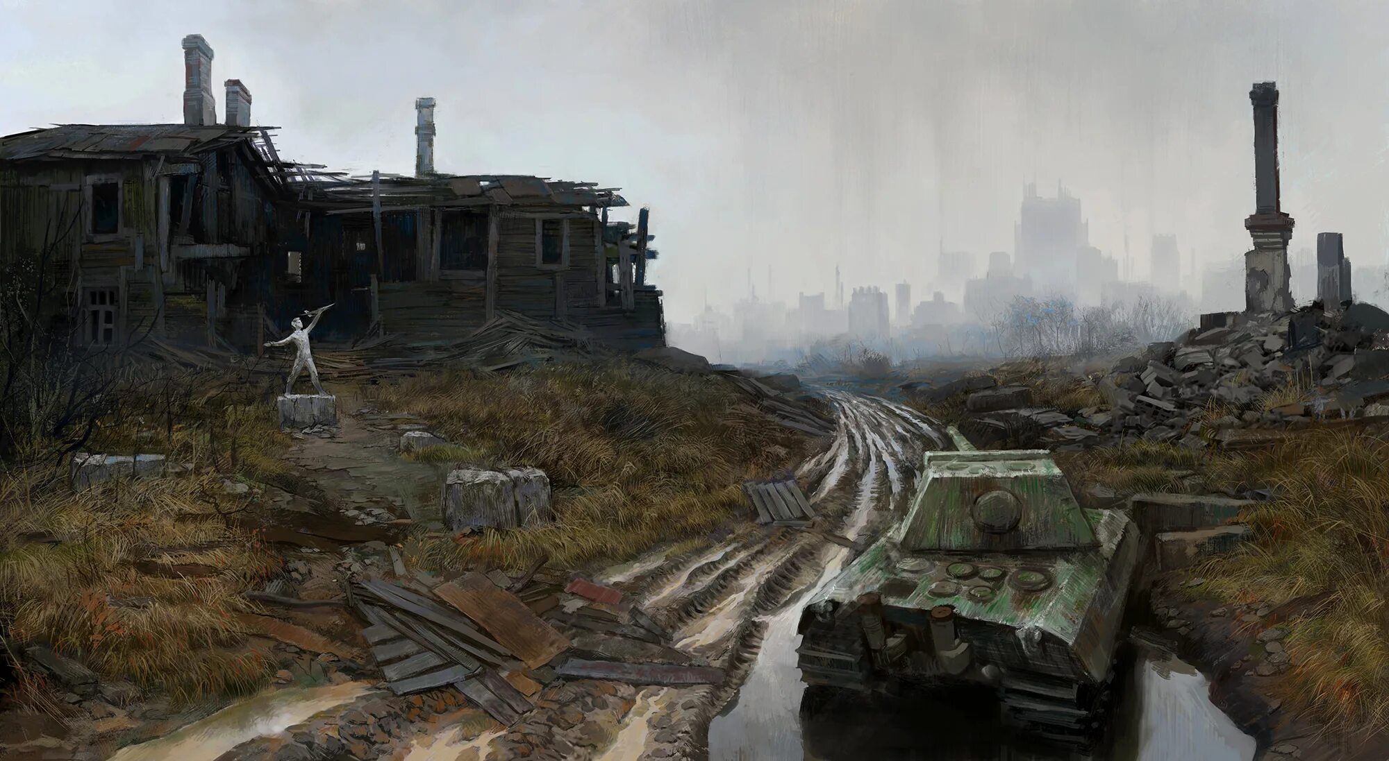 Post apocalyptic games. Апокалиптические картины Ивана Хивренко. Постап Советская деревня арт. Постап деревня арт. Блокпост арт постап.