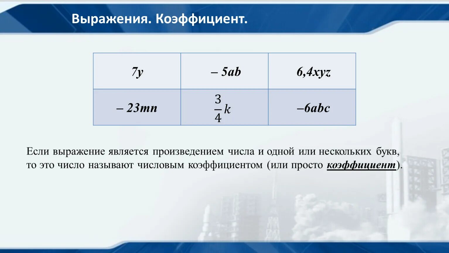 Коэффициент выражения. Что такое коэффициент в математике. Что такое коэффициент выражения 6 класс. Выпишите коэффициент выражения: -xyz. Выразите в коэффициенте 0 5