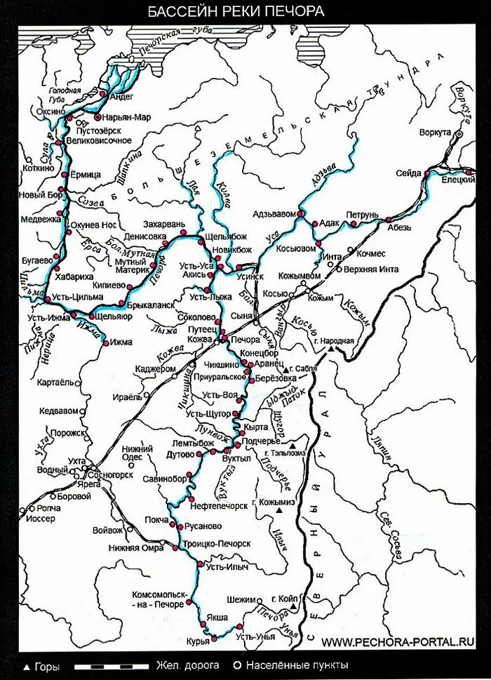 В какой бассейн впадает печора. Река Печора на карте. Бассейн реки Печора. Бассейн реки Печора на карте. Карта реки Печора с населенными пунктами.