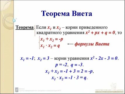Формулы виета алгебра