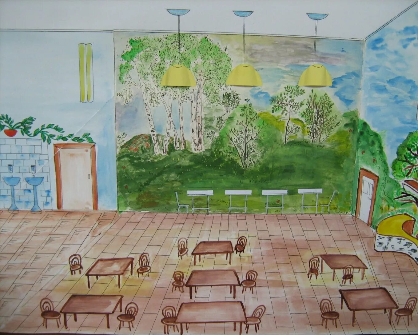 Проект эскиза панно для школьного пространства. Рисунок про школьную столовую. Интерьер столовой в школе. Школа рисунок. Дизайн интерьера школьной рекреации.