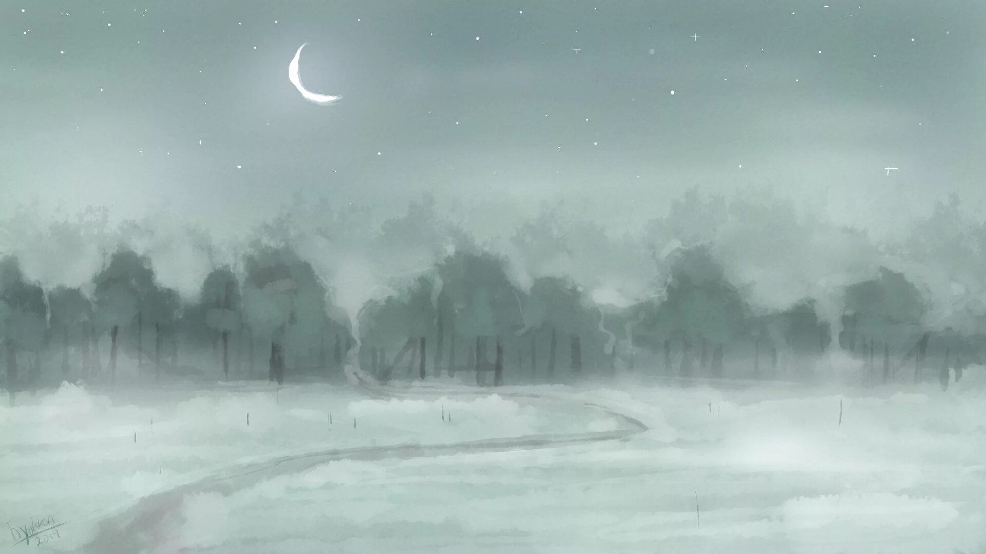 Lonely moon. Снегопад арт. Зима арт. Ночное зимнее поле. Луна туман зимой.