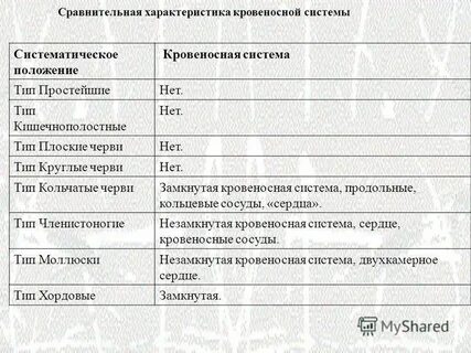 Сравнительная характеристика кровеносной системы таблица