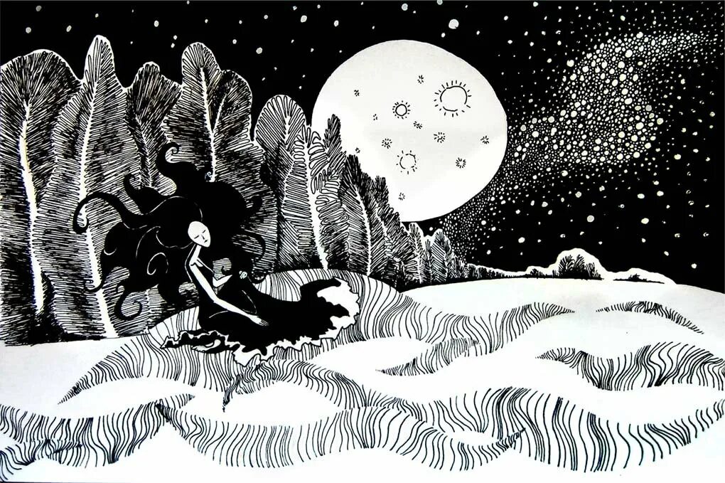Колыбельная ворона. Ночь иллюстрация. Зимний пейзаж тушью. Луна иллюстрация. Зима Графика.