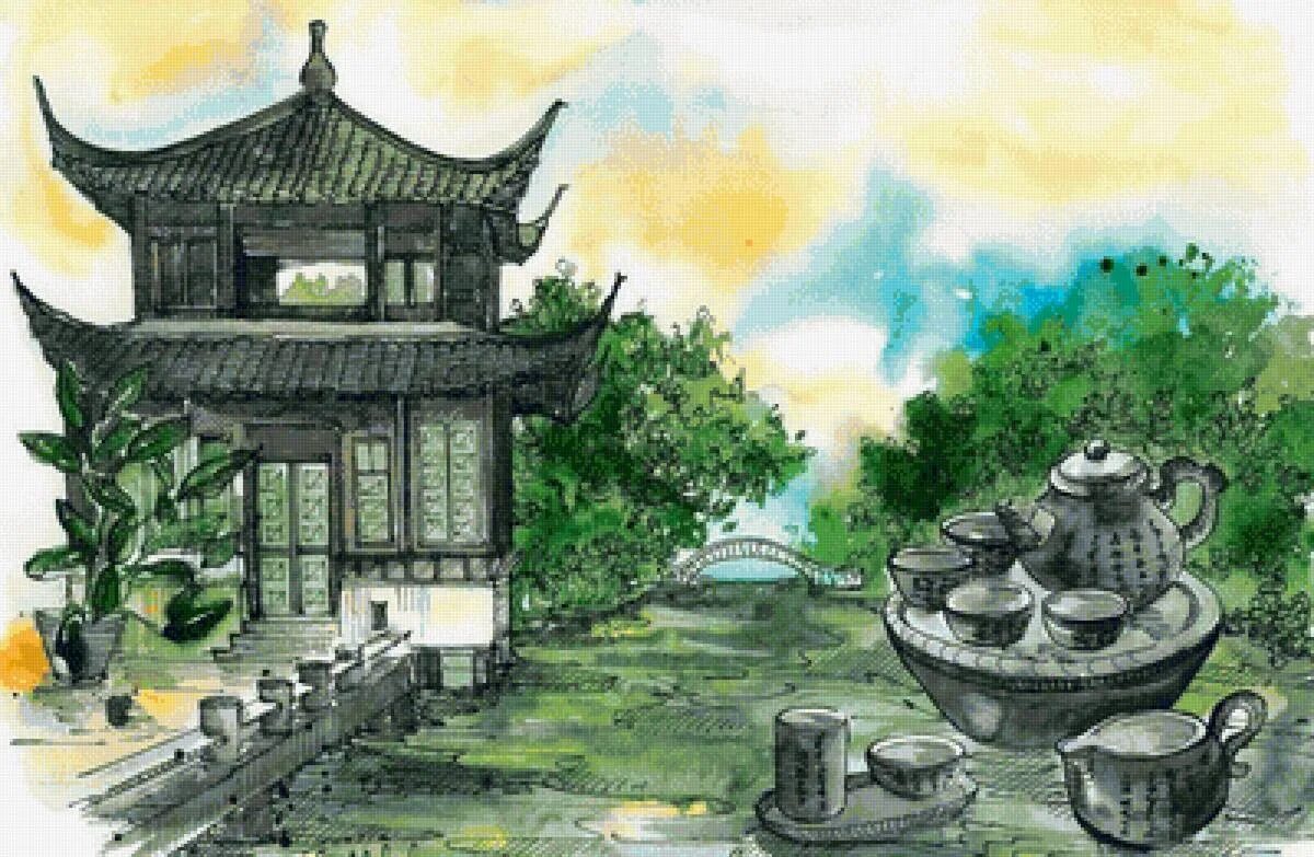 Древний китай картинки 5 класс. Чайная церемония Китай чайный домик. Чайная церемония живопись Китай чайный домик. Китайский стиль рисования. Китайский домик.