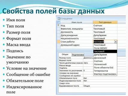 Характеристики полей таблицы