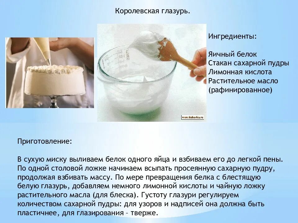 Ингредиенты для приготовления глазури. Пропорции приготовления глазури. Глазурь пропорции. Рецепт глазури из сахарной пудры и яичных белков.