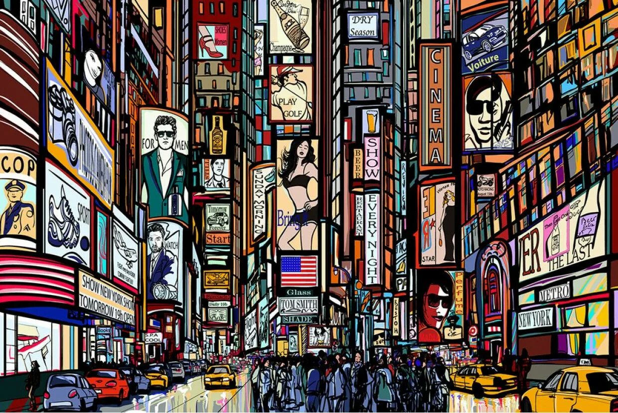 Люди в городе графика. Нью-Йорк улица Бродвей. Постеры на стену. Иллюстрации в стиле комиксов. Современный поп арт.