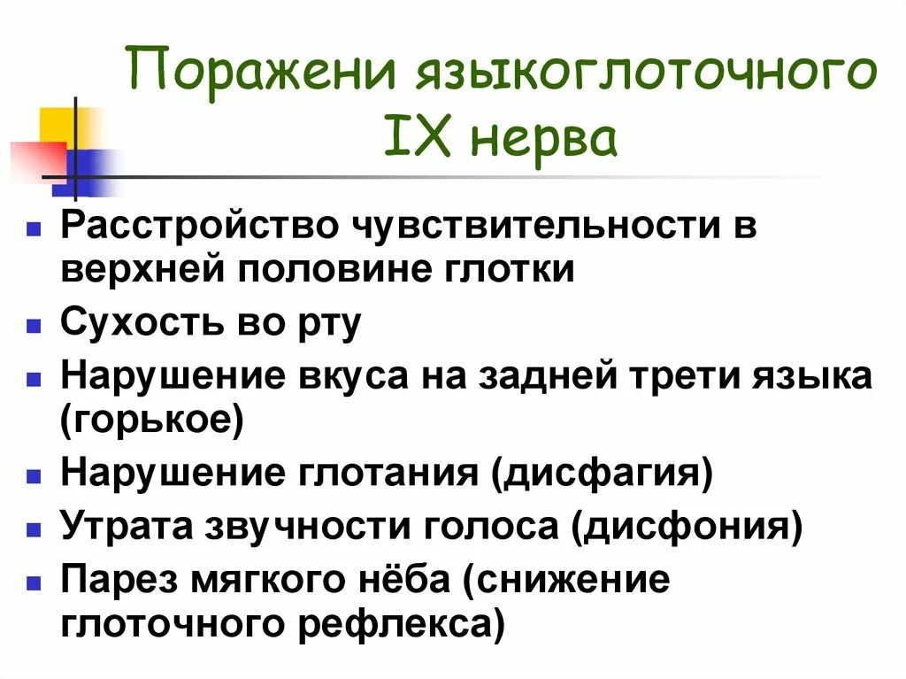 Поражение языкоглоточного нерва. Нарушение языкоглоточного нерва. Языкоглоточный нерв нарушения. Симптомы нарушения функции языкоглоточного нерва.