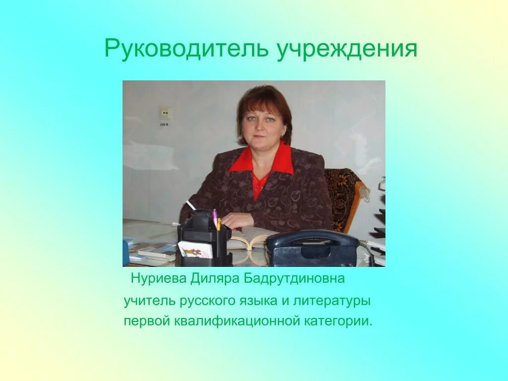 Директором учреждения являлась. Учитель русского и литературы. Диляра Нуриева. Диляра Николаевна учитель. Руководительница учреждения.