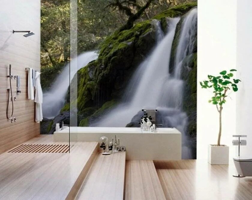 Фотоплитка водопад. Фотообои в ванной комнате. Ванная комната с водопадом. Фотопанно для ванной комнаты.