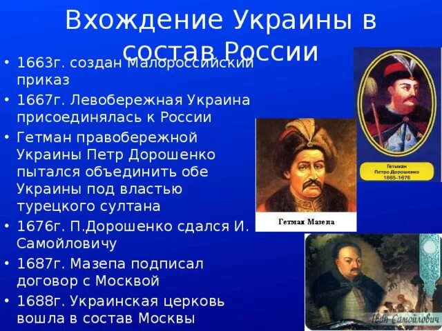 Условия принятия украины в подданство российского государя. Гетманы Правобережной и Левобережной Украины. Гетман Хмельницкий присоединение Украины к России. Вхождение Украины в состав России.