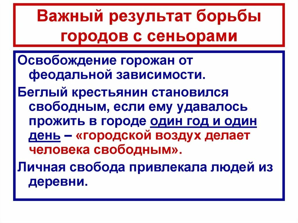Освобождение от власти. Результаты борьбы с сеньорами. Освобождение от власти. Причина освобождения от призыва. Освобождение от власти.