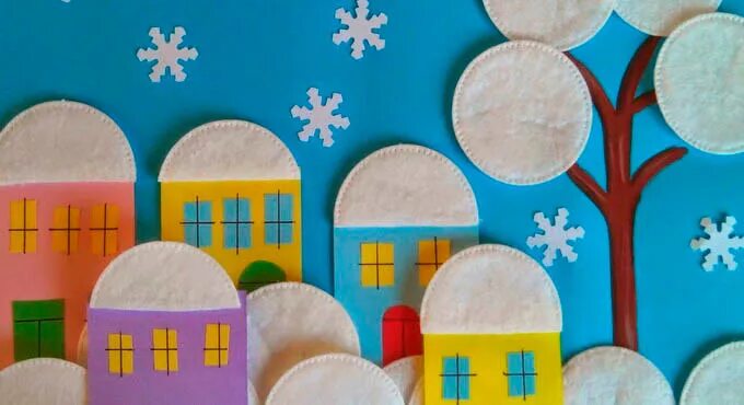 Аппликация зима. Зимняя аппликация для детей. Зимняя аппликация. Зимняя аппликация. Город из ватных дисков.