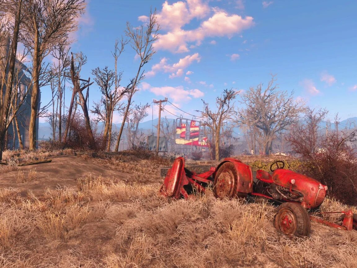 Fallout 4 engine. Fallout 4. разбитые трактора. поле для игры.