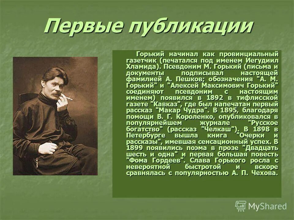 Факты из жизни м горького. Сообщение про Максима Горького 3 класс. Первая Публикация Максима Горького. Жизнь и творчество Максима Горького.