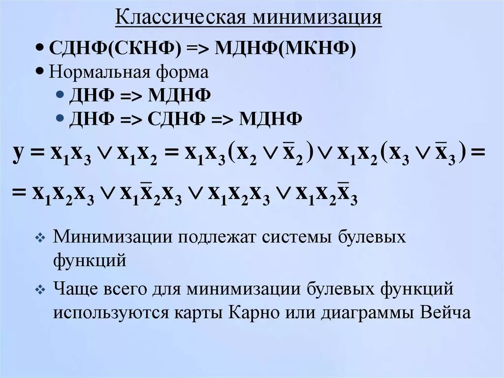 Преобразование сднф. СКНФ И СДНФ. Совершенной конъюнктивной нормальной формой (СКНФ). Совершенная дизъюнктивная нормальная форма. Минимизация логических функций с помощью алгебры логики..