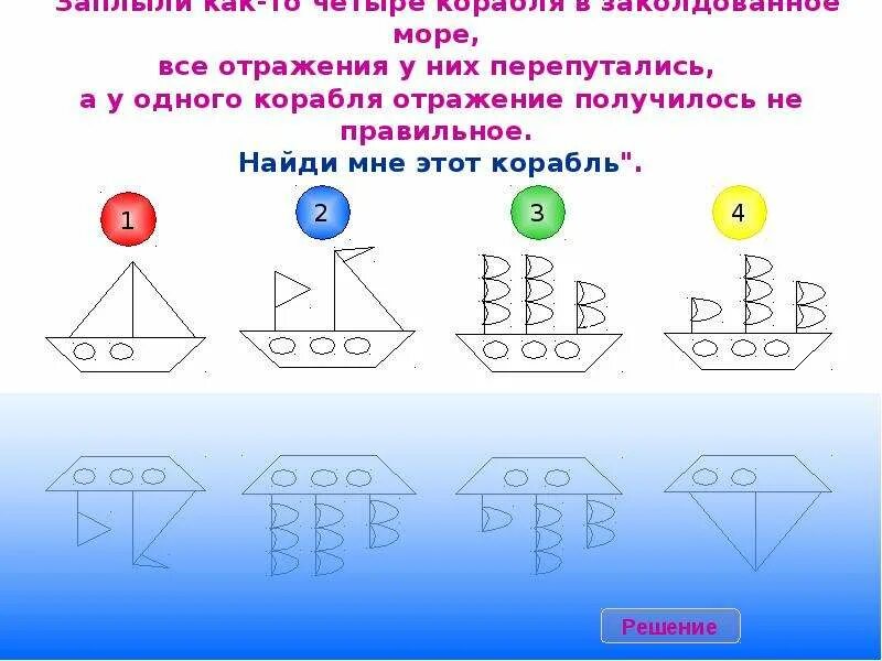 Найди правильное отражение. Задание Найди правильное отражение. Найди правильное отражение в зеркале. Зеркальное отображение корабля.