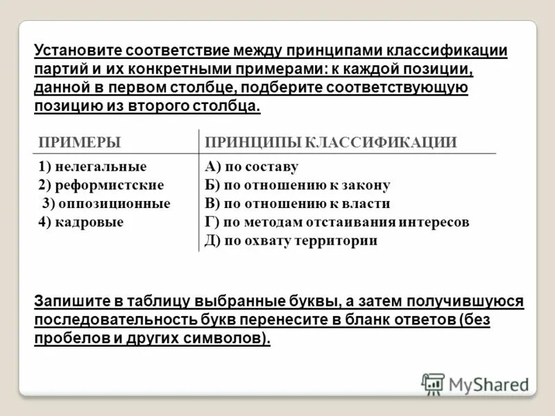 Реформистская партия принцип классификации. Классификация партий. Установите соответствие между принципами классификации партий. Таблица классификация типы партий. Установите соответствие между элементами.