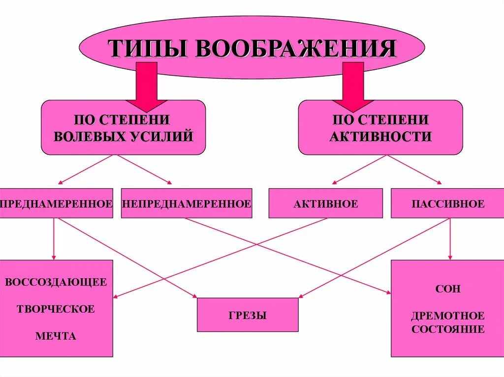 Форма образ воображение. Типы воображения. Виды воображения схема. Типы воображения в психологии. Классификация видов воображения по степени активности.