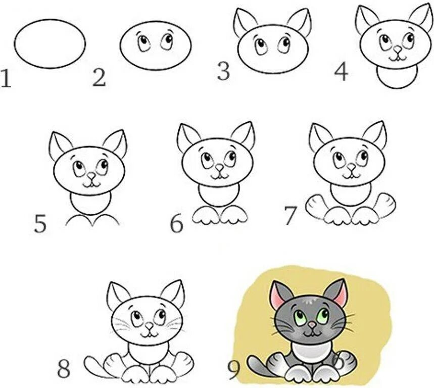 Пошаговое рисование для детей. Поэтапное рисование кота для детей. Поэтапное рисование котенка для детей. Схема рисования кошки. Как нарисовать кота поэтапно для детей
