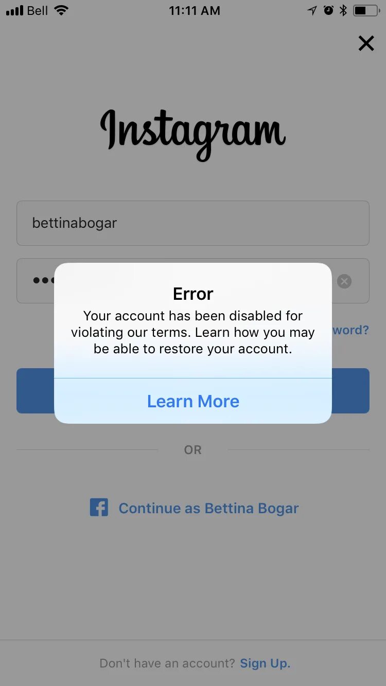 Instagram account has been disabled. Terms violation