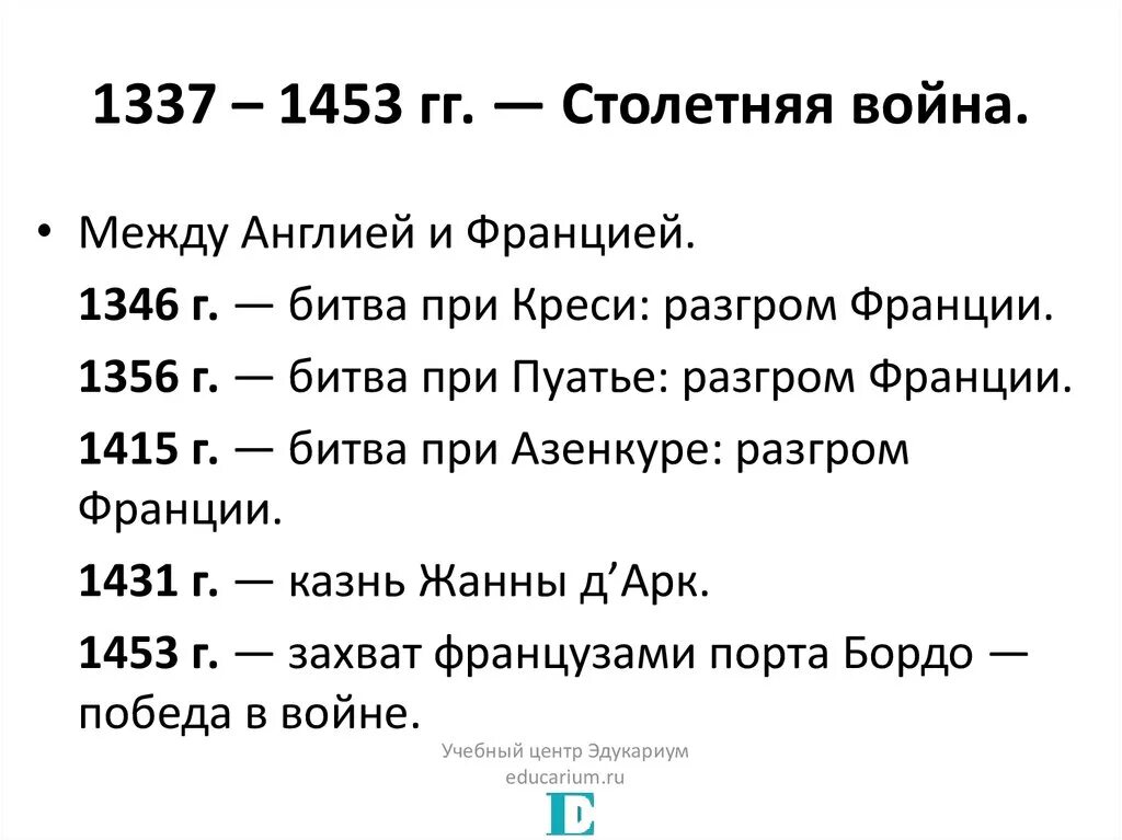 Основные события столетней войны 1337-1453 и даты. Основные события войны столетней войны.