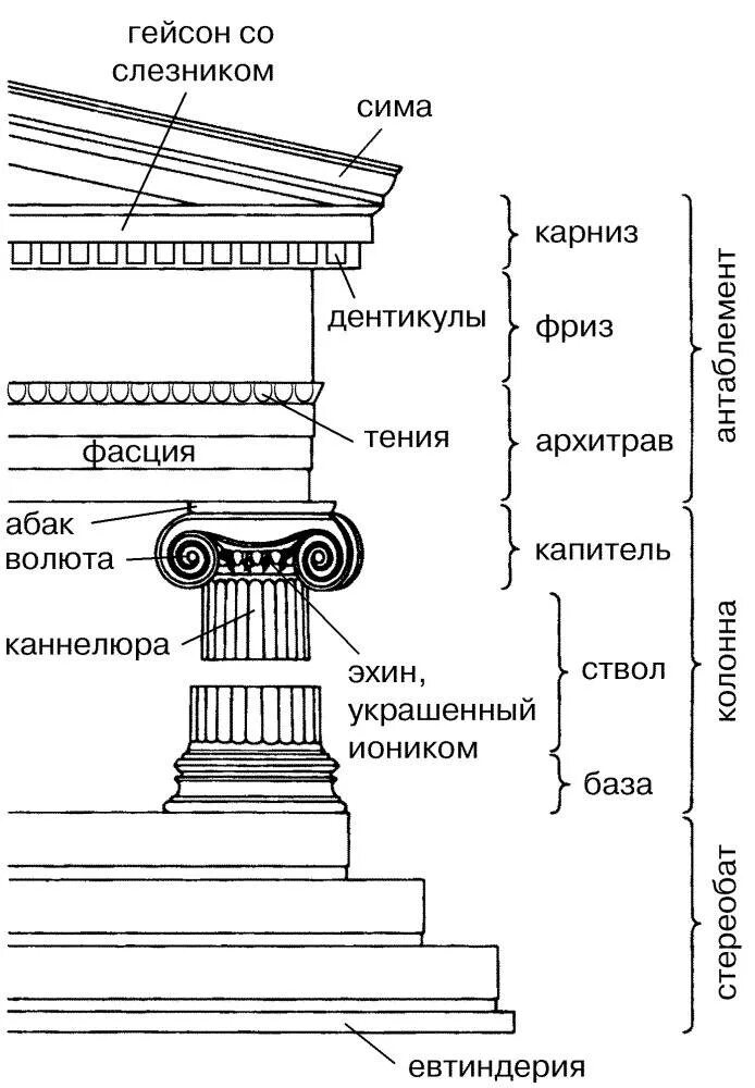 Греческие названия элементов. Ионический ордер схема. Ионический храм древней Греции. Ионический ордер древней Греции схема. Антаблемент Ионического ордера.