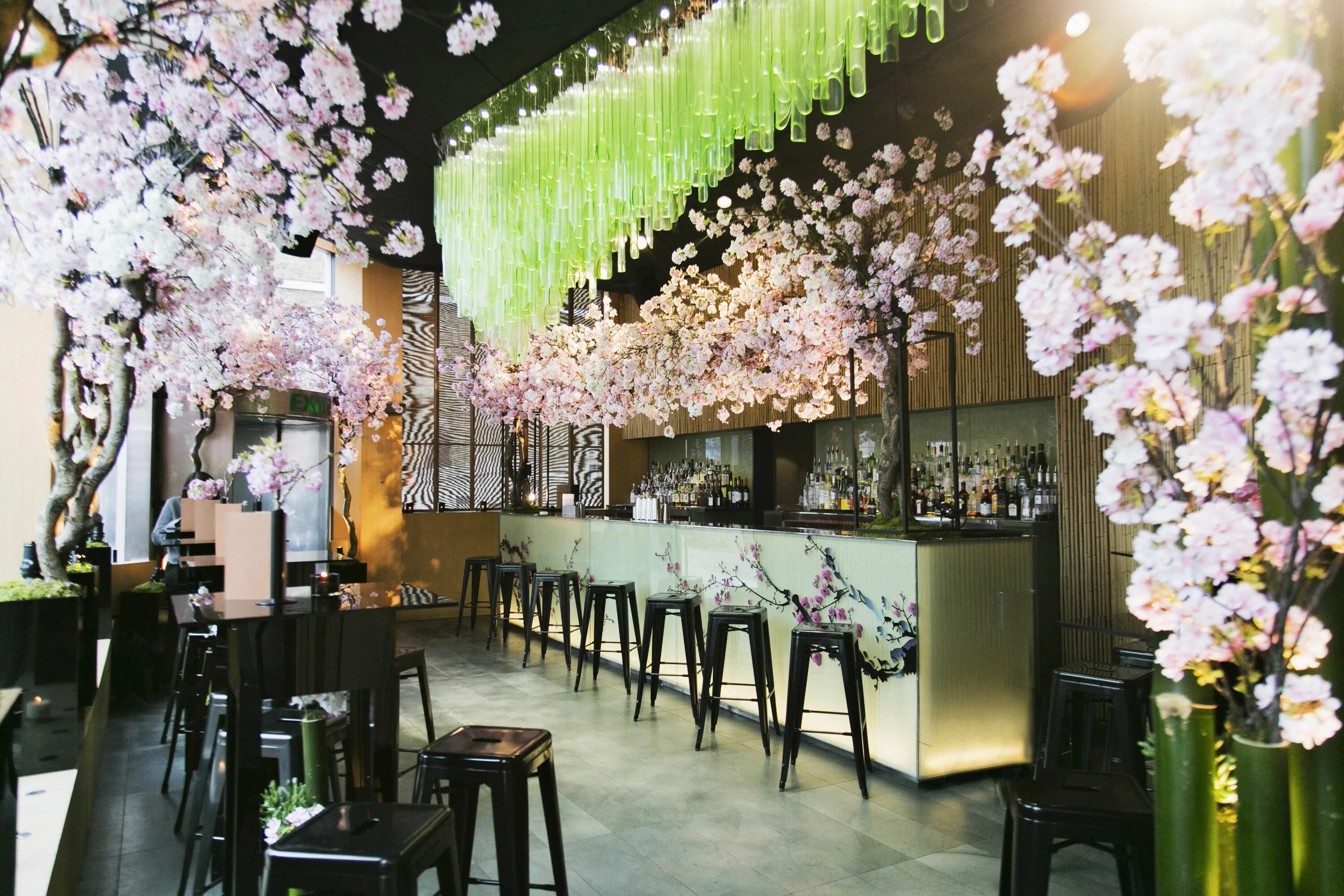 Сакура дизайн. Сакура в интерьере ресторана. Сакура ресторан. Оформление ресторана цветами. Дерево Сакуры в ресторане.